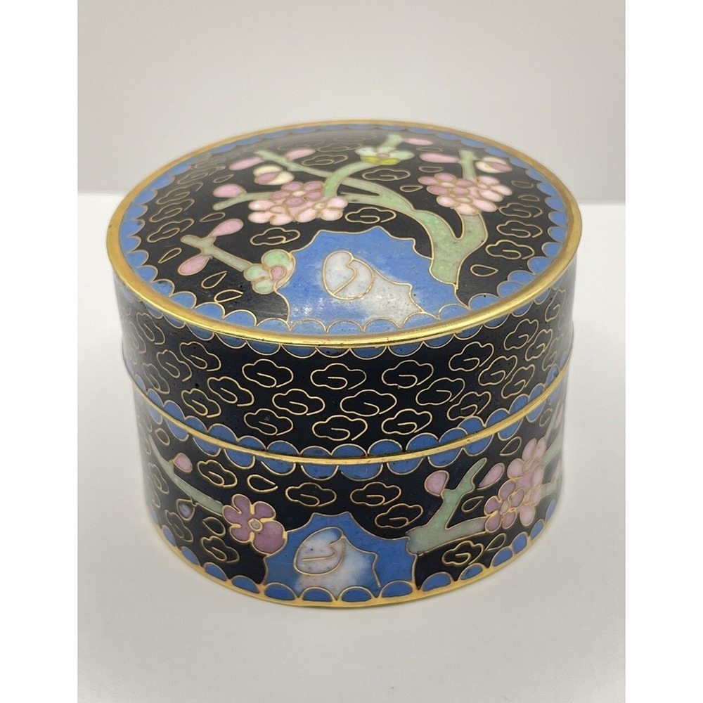 Antique Gilt Cloisonne Covered Trinket Pill Box Black Cherry Blossoms Small